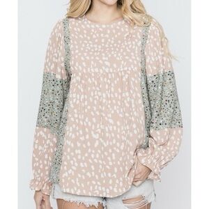 Hailey & Co Print Mixed Top Ruffled Sleeve long sleeve blouse
